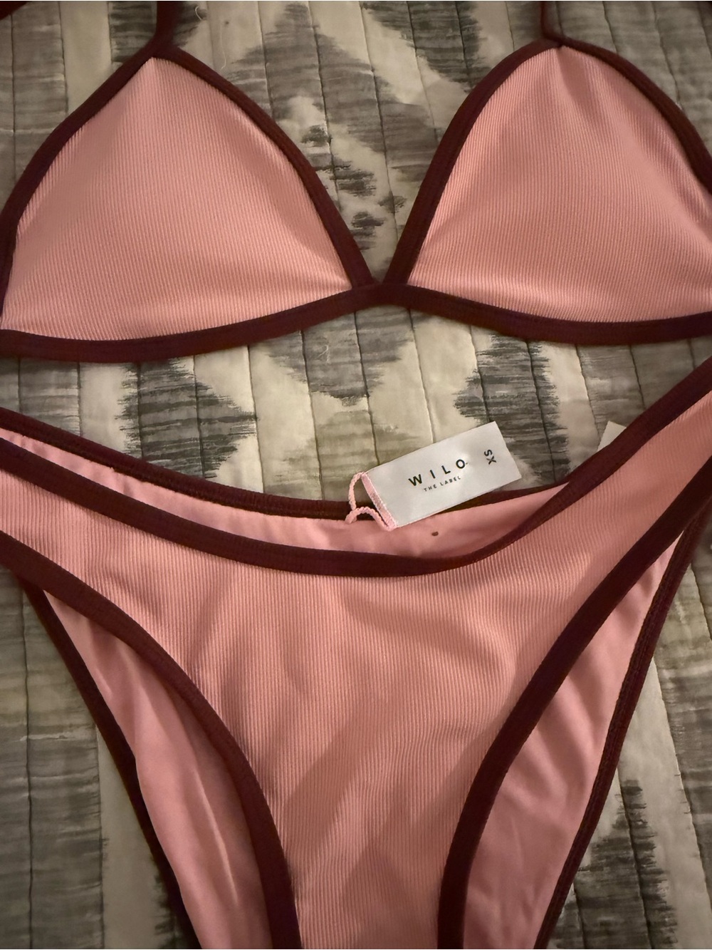 WILO Pink Ribbed Bandeau Bikini with Burgundy Trim